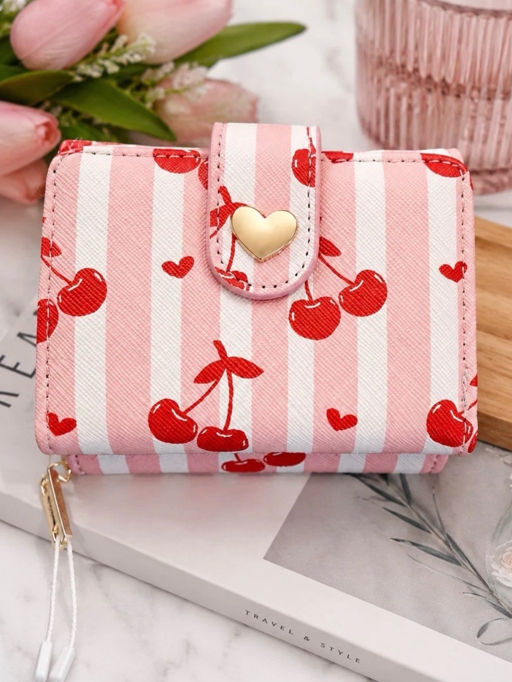 NWT Blush Kiss Size 4’x4’, Pink & White Stripe Cherry Wallet w/Gold Heart Accent